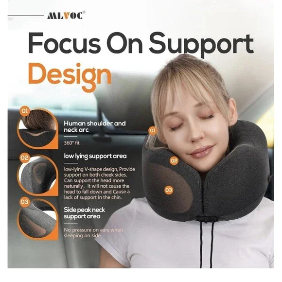 Memory Foam Neck Pillow Travel Kit w/ Eye Mask, Earplugs & Bag – Black - Picture 3 of 8